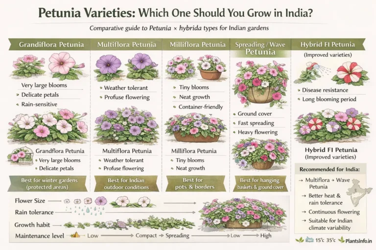 Semi-infographic botanical atlas illustration comparing Petunia varieties (Petunia × hybrida) for Indian gardens, including Grandiflora, Multiflora, Milliflora, Wave, and Hybrid F1 types, with plant habit, flower size, rain tolerance, growth pattern, and care suitability.