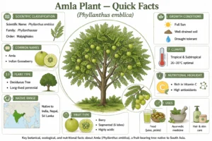 Botanical infographic of Amla plant (Phyllanthus emblica) showing quick facts including classification, fruit type, habitat, and uses; scientific illustration.
