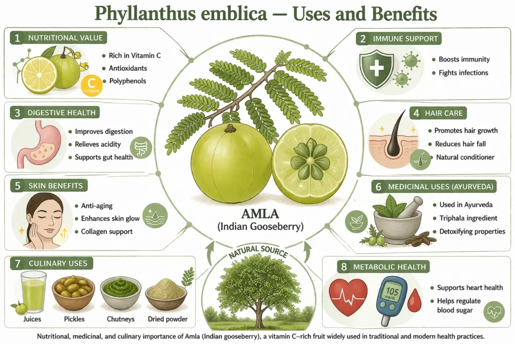Figure. Phyllanthus emblica uses and benefits — infographic showing nutritional composition, medicinal applications, and culinary uses of Amla fruit.