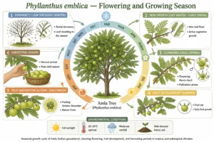 Botanical infographic of Amla (Phyllanthus emblica) showing flowering in spring, fruiting in autumn, and seasonal growth cycle; scientific illustration.