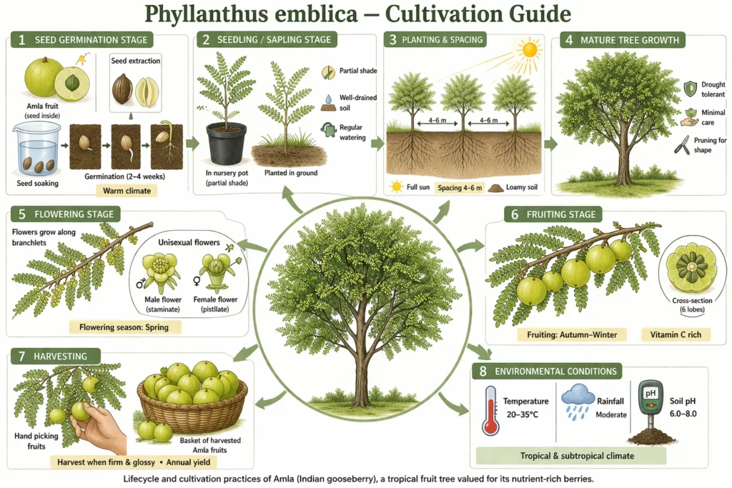 Botanical diagram of Amla (Phyllanthus emblica) showing seed germination, sapling growth, flowering, fruiting, and harvesting stages; scientific cultivation guide illustration.