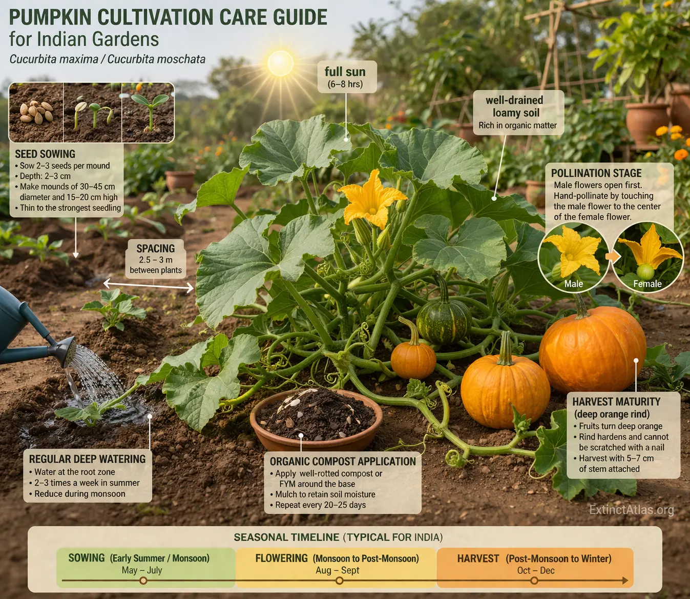 Semi-infographic photorealistic illustration of pumpkin cultivation in Indian gardens showing Cucurbita maxima and Cucurbita moschata vines with broad lobed leaves, yellow flowers, and developing pumpkins, highlighting care steps including seed sowing in mounds, plant spacing, root-zone watering, organic compost application, full sun exposure, pollination stage, and harvest maturity with a seasonal timeline.