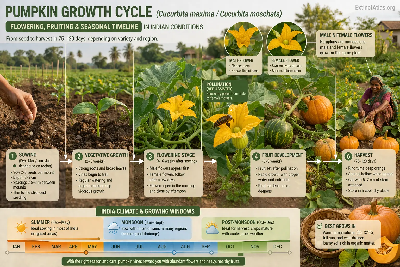 Landscape semi-infographic photorealistic illustration of pumpkin plant growth cycle in India showing Cucurbita maxima and Cucurbita moschata from sowing to harvest, including vegetative growth, flowering with male and female flowers, bee-assisted pollination, fruit development, and harvest stages, with a seasonal timeline and climate bands.
