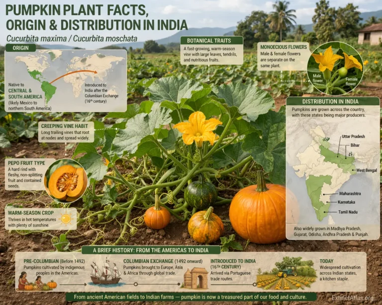 Semi-infographic photorealistic illustration of pumpkin plant showing Cucurbita maxima and Cucurbita moschata vine with lobed leaves, tendrils, yellow flowers, and fruits, highlighting origin in Central and South America, introduction to India, major growing states, and botanical traits such as creeping vine habit, monoecious flowers, pepo fruit type, and warm-season crop.