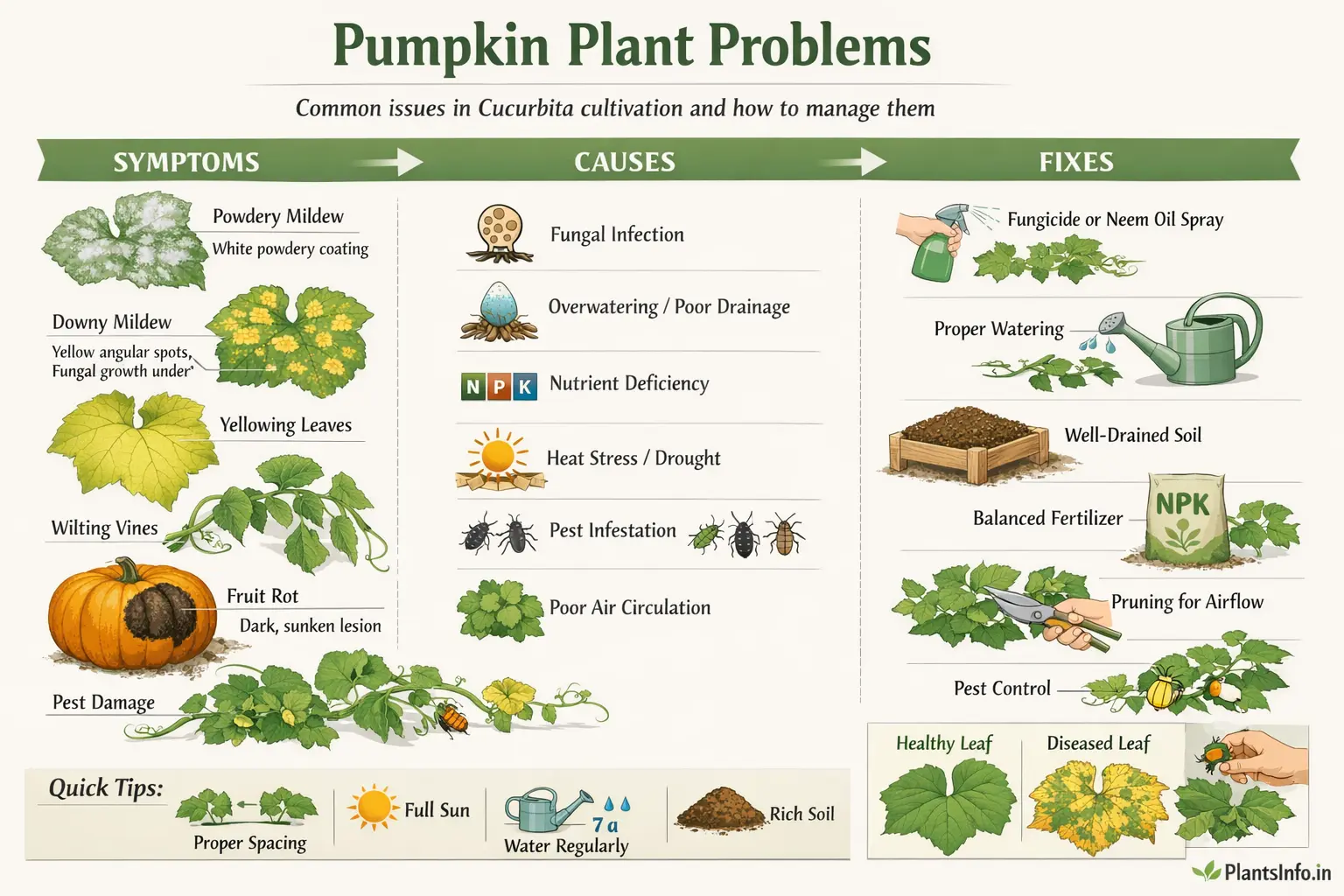 Semi-infographic botanical illustration of pumpkin plant (Cucurbita spp.) problems showing symptoms like powdery mildew, yellowing leaves, wilting vines, fruit rot, and pest damage, along with causes and practical fixes including fungicide use, proper watering, soil drainage, fertilization, pruning, and pest control.