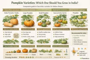 Semi-infographic botanical atlas illustration comparing pumpkin varieties (Cucurbita spp.) for Indian cultivation, including Cucurbita moschata, maxima, pepo, hybrid F1, and local landrace, with labeled plant parts, fruit characteristics, climate suitability, and a visual guide to yield, taste, and growing duration.