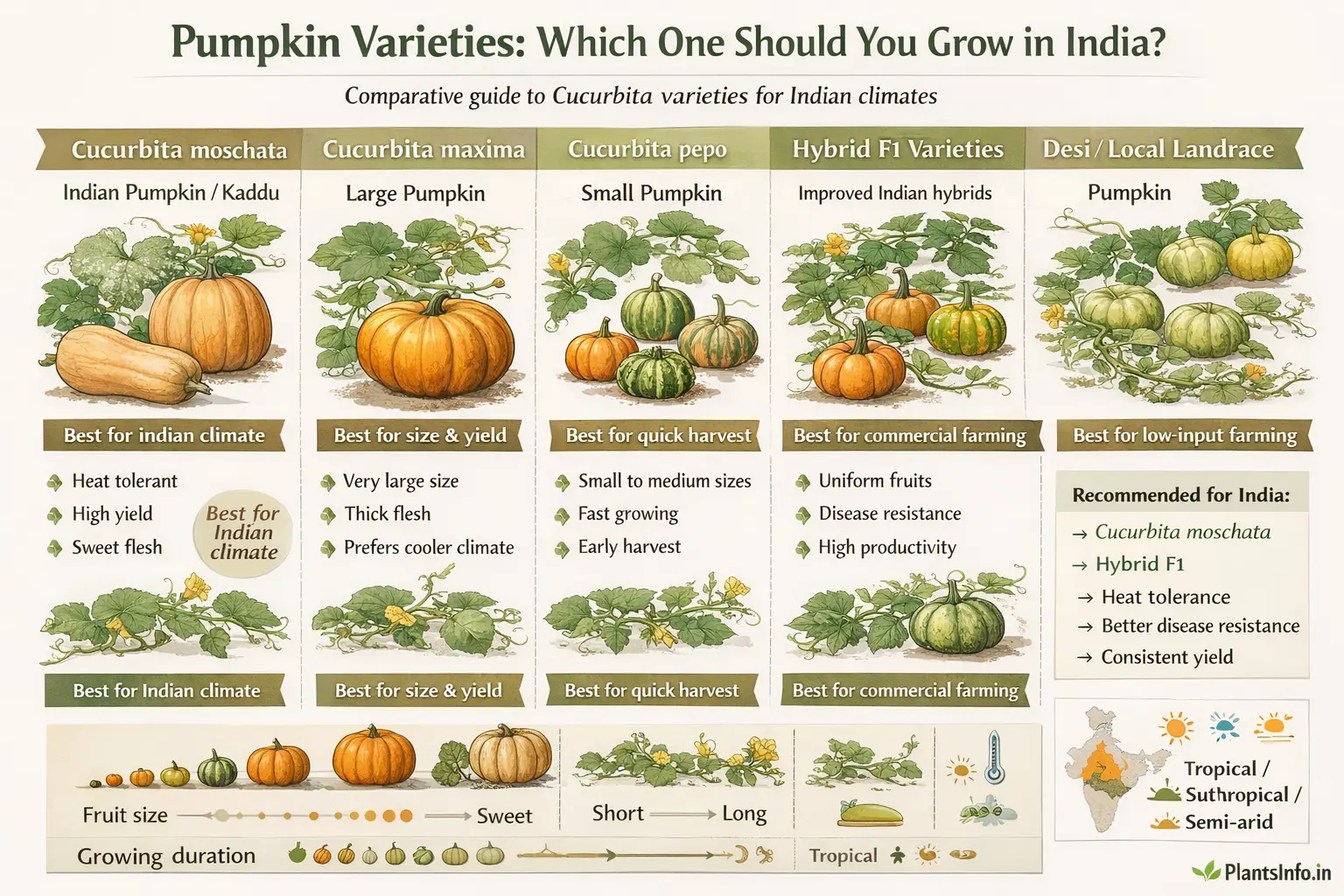 Semi-infographic botanical atlas illustration comparing pumpkin varieties (Cucurbita spp.) for Indian cultivation, including Cucurbita moschata, maxima, pepo, hybrid F1, and local landrace, with labeled plant parts, fruit characteristics, climate suitability, and a visual guide to yield, taste, and growing duration.
