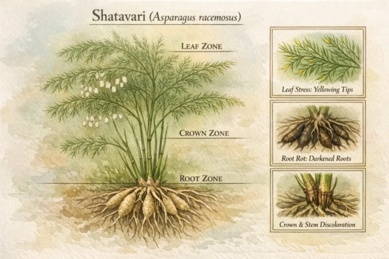 Botanical diagnostic illustration of Shatavari (Asparagus racemosus) showing labeled leaf, crown, and root zones with inset panels depicting yellowing cladode tips, root rot in tuberous roots, and crown discoloration in an atlas-style watercolor layout