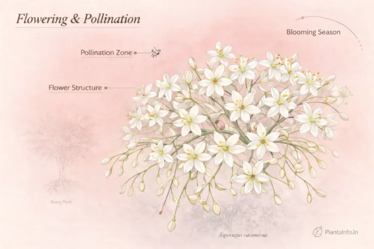 Atlas-style botanical illustration of Shatavari flowers showing star-shaped blooms with pollination zone, flower structure, and blooming season callouts