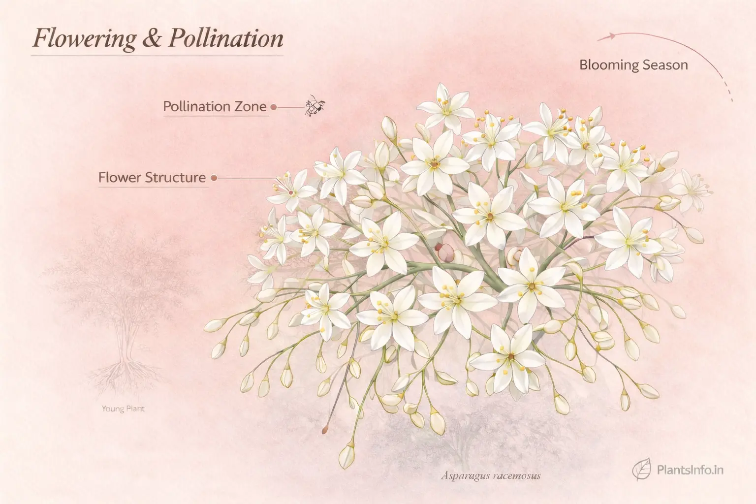 Atlas-style botanical illustration of Shatavari flowers showing star-shaped blooms with pollination zone, flower structure, and blooming season callouts