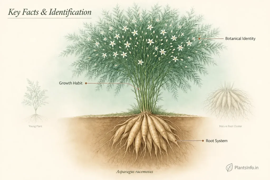 Atlas-style botanical illustration of Shatavari plant showing full structure with feathery canopy, white flowers, and tuberous root system with identification callouts