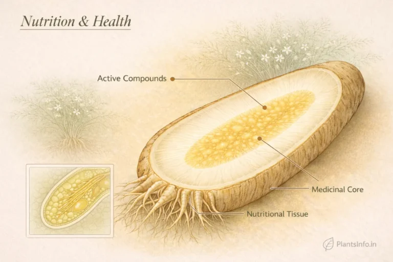 Atlas-style botanical illustration of Shatavari root cross-section showing medicinal core, nutritional tissue, and active compounds with clean scientific callouts