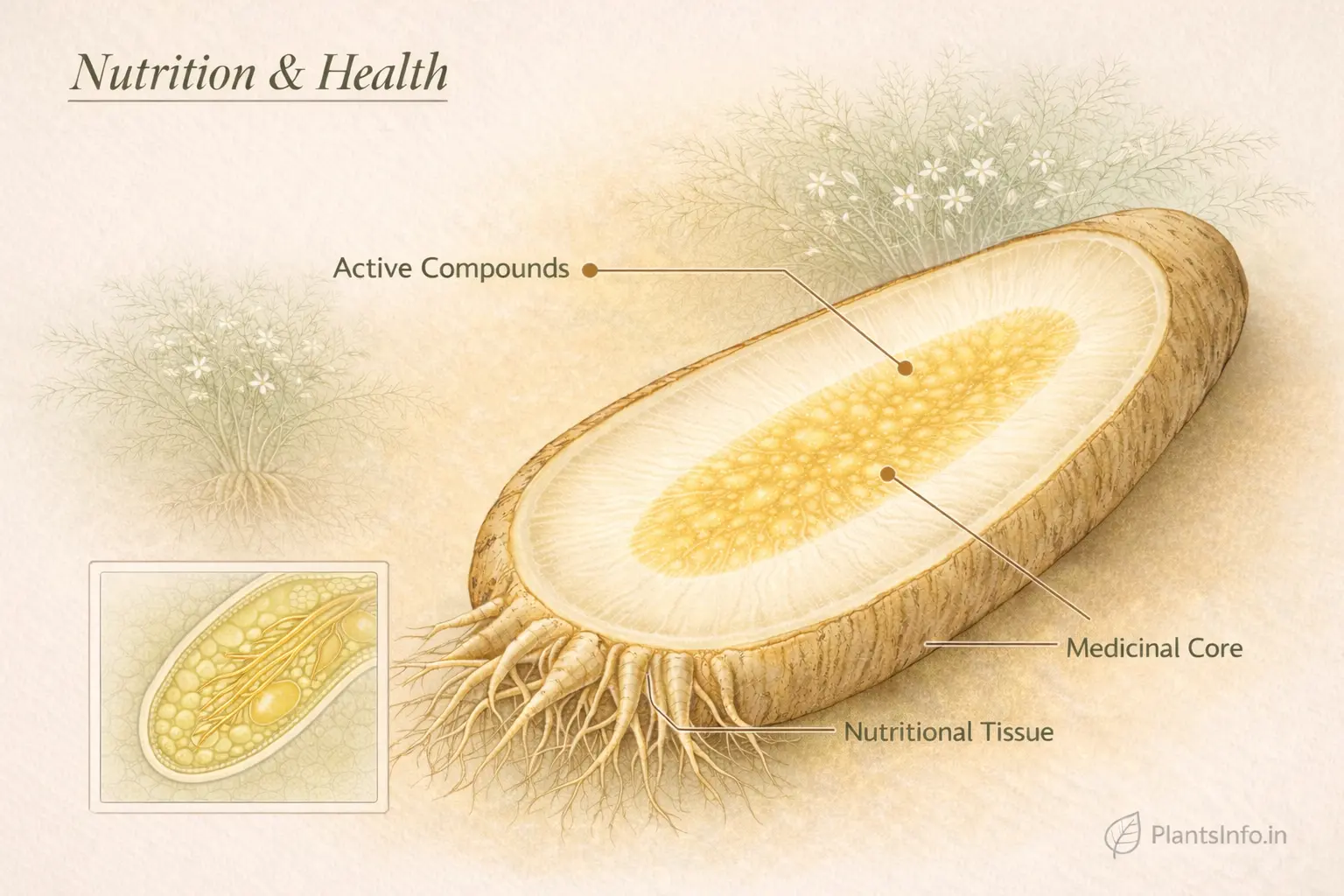 Atlas-style botanical illustration of Shatavari root cross-section showing medicinal core, nutritional tissue, and active compounds with clean scientific callouts