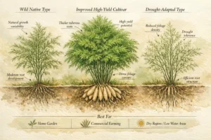 Botanical atlas illustration comparing three Shatavari (Asparagus racemosus) types—wild native, improved high-yield cultivar, and drought-adapted—showing differences in cladode foliage density, plant structure, and tuberous root systems in a soil cross-section.