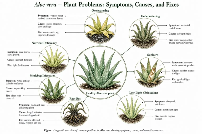 Botanical illustration plate of Aloe vera plant problems showing radial diagnostic layout with symptoms, causes, and fixes including overwatering, underwatering, sunburn, low light etiolation, root rot, mealybug infestation, and nutrient deficiency around a healthy plant center.