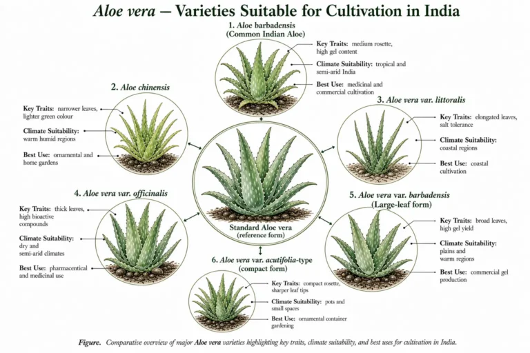 Botanical atlas comparison plate of Aloe vera varieties suitable for cultivation in India, showing radial layout with central reference plant and six varieties labeled with key traits, climate suitability, and best uses.
