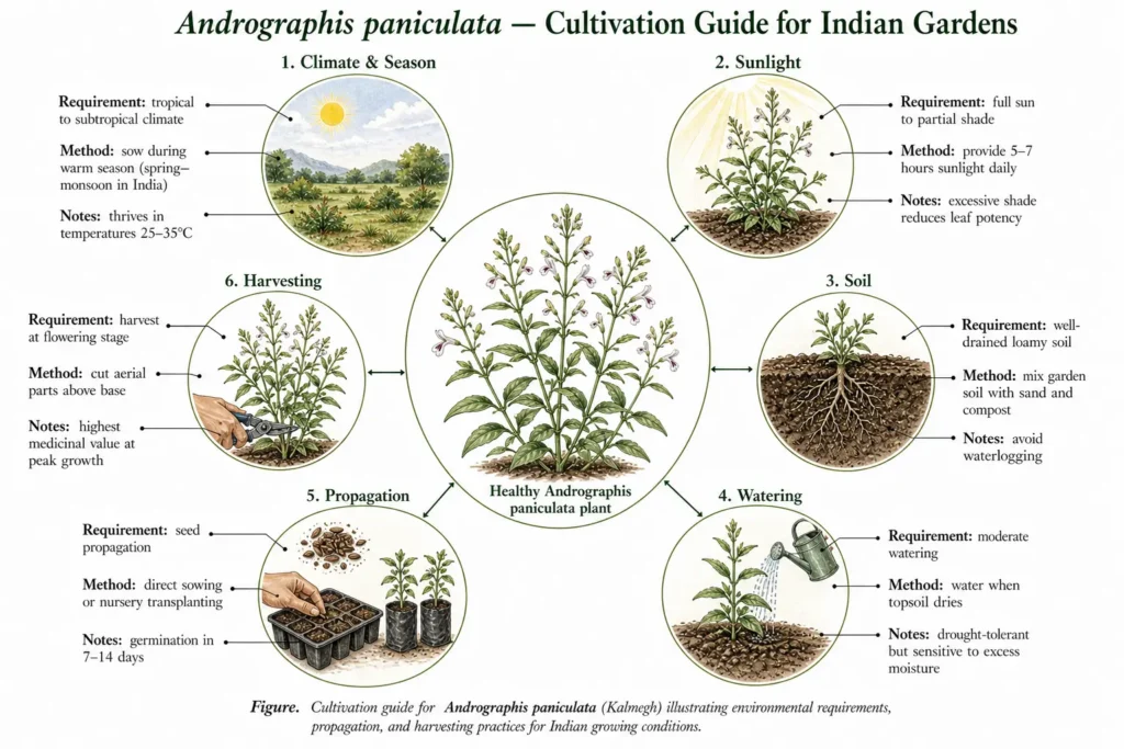 Botanical atlas cultivation guide plate of Andrographis paniculata (Kalmegh) showing radial diagram with central healthy plant and six panels detailing climate, sunlight, soil, watering, propagation, and harvesting with requirement, method, and notes labels.