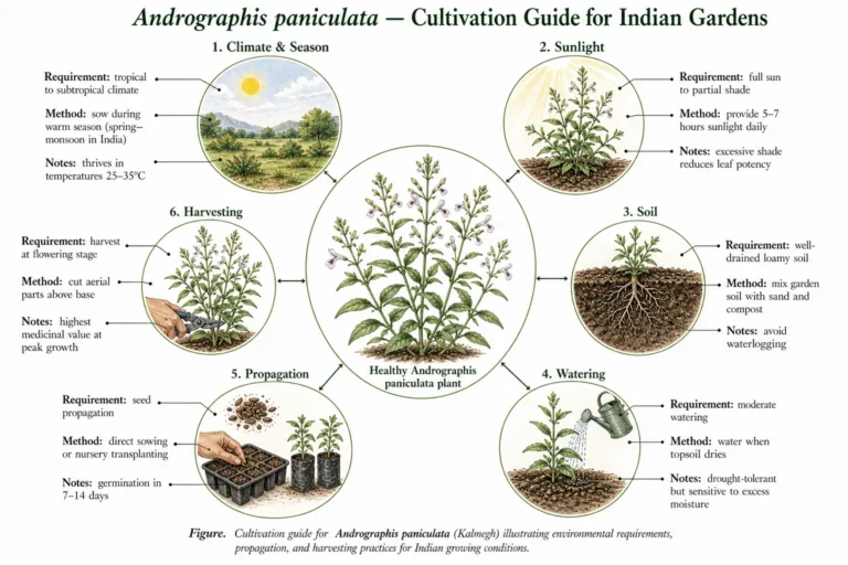 Botanical atlas cultivation guide plate of Andrographis paniculata (Kalmegh) showing radial diagram with central healthy plant and six panels detailing climate, sunlight, soil, watering, propagation, and harvesting with requirement, method, and notes labels.