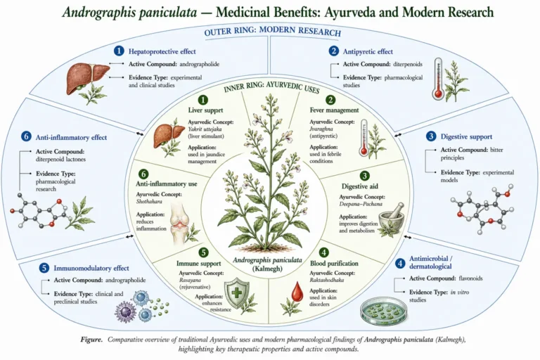 Landscape botanical atlas illustration of Andrographis paniculata (Kalmegh) showing dual-ring radial diagram with Ayurvedic uses and modern pharmacological research, including therapeutic effects, active compounds, and evidence types.
