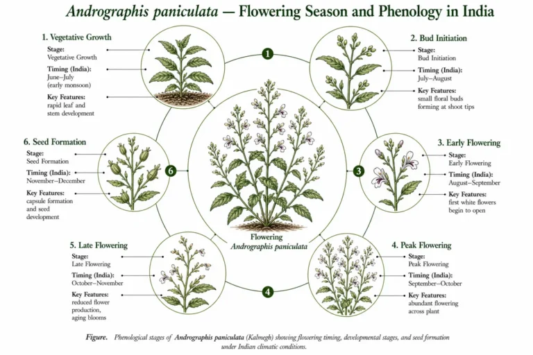 Botanical atlas phenology plate of Andrographis paniculata (Kalmegh) showing radial diagram with flowering stages and seasonal timing in India, including vegetative growth, bud initiation, flowering phases, and seed formation.