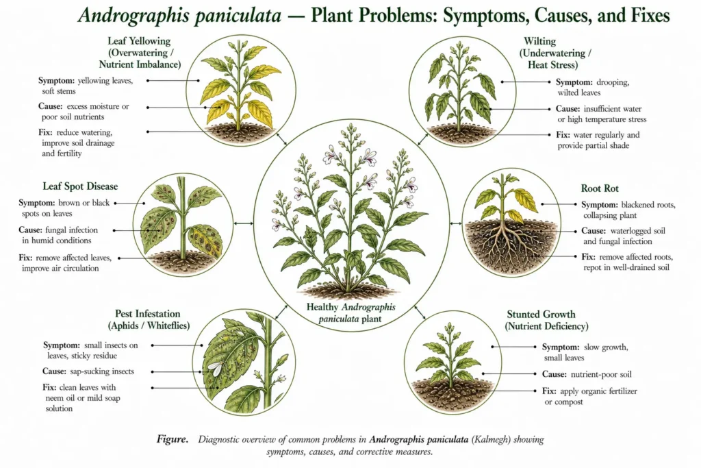 Botanical atlas diagnostic plate of Andrographis paniculata (Kalmegh) showing radial diagram with central healthy plant and six problem panels detailing symptoms, causes, and fixes including leaf yellowing, wilting, leaf spot disease, root rot, pest infestation, and nutrient deficiency.