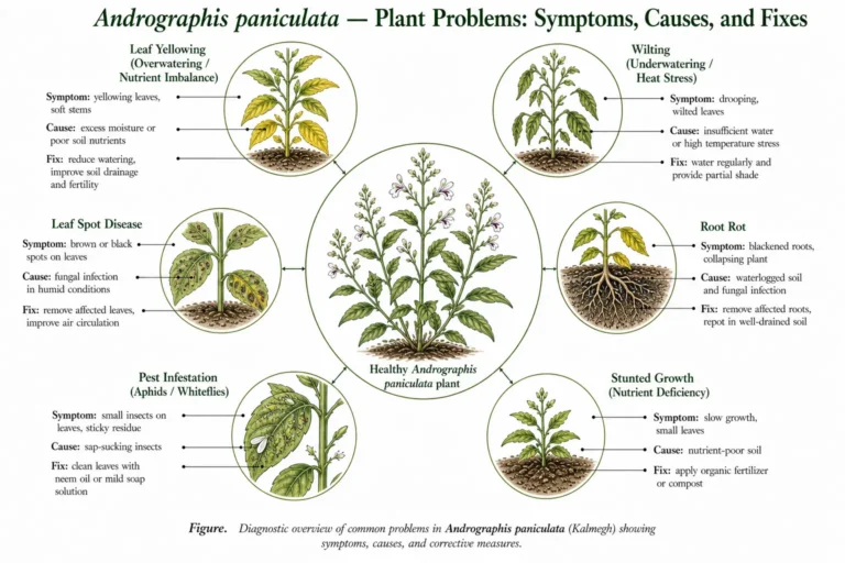 Botanical atlas diagnostic plate of Andrographis paniculata (Kalmegh) showing radial diagram with central healthy plant and six problem panels detailing symptoms, causes, and fixes including leaf yellowing, wilting, leaf spot disease, root rot, pest infestation, and nutrient deficiency.