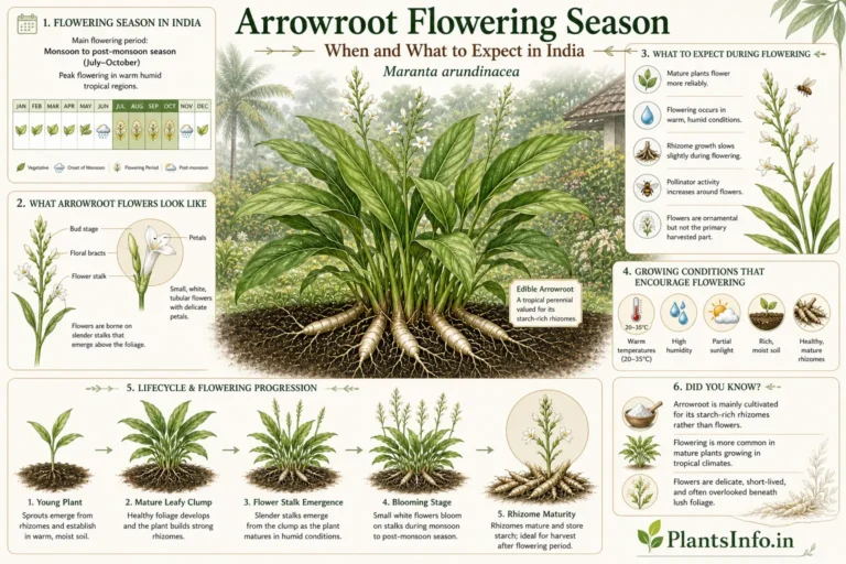 Botanical infographic of Arrowroot flowering season in India showing Maranta arundinacea flowers, blooming stages, monsoon flowering timeline, tropical growing conditions, and rhizome development.