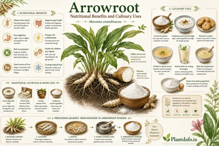 Botanical infographic of Arrowroot (Maranta arundinacea) showing nutritional benefits, arrowroot powder, culinary uses, Ayurvedic uses, and rhizome processing journey.
