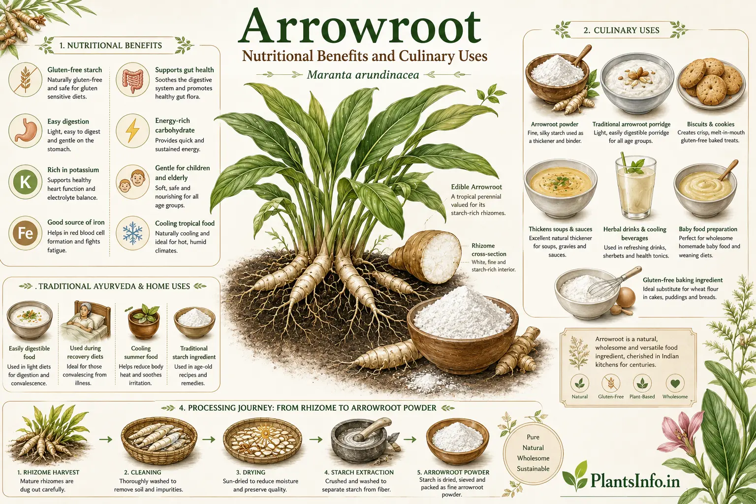 Botanical infographic of Arrowroot (Maranta arundinacea) showing nutritional benefits, arrowroot powder, culinary uses, Ayurvedic uses, and rhizome processing journey.