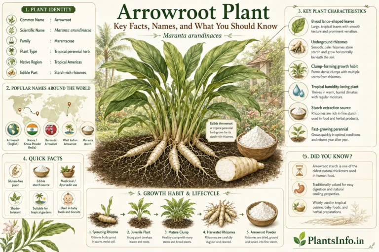 Botanical infographic of Arrowroot plant (Maranta arundinacea) showing key facts, plant identity, rhizomes, global names, lifecycle, and tropical plant characteristics.