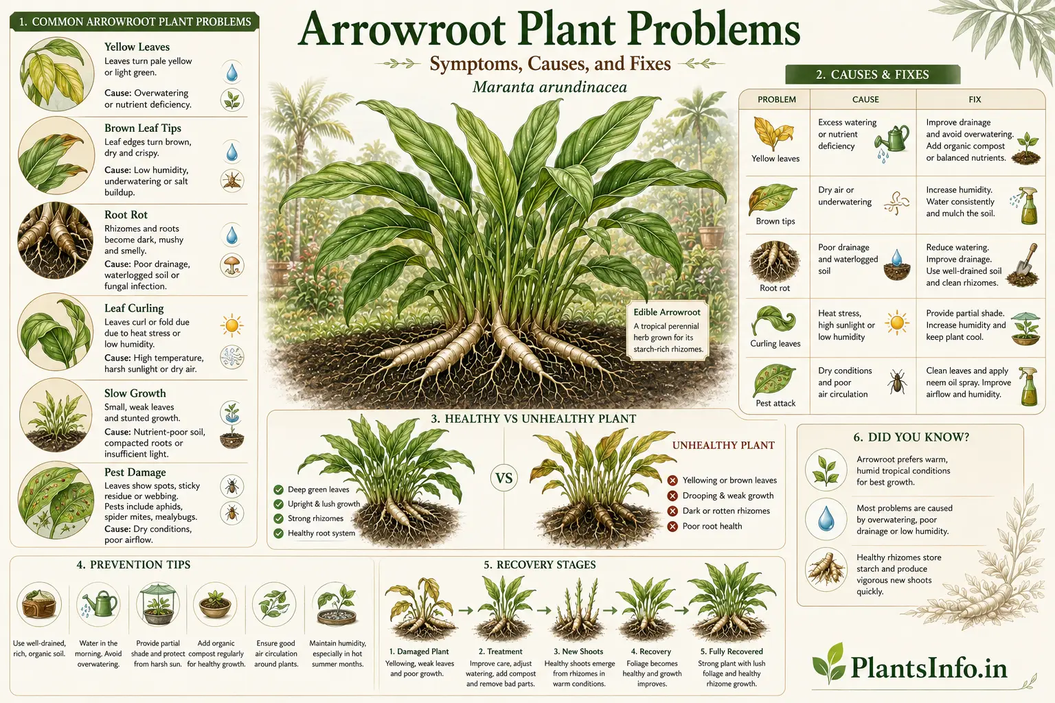 Botanical infographic of Arrowroot plant problems showing yellow leaves, brown tips, root rot, pest damage, causes, fixes, prevention tips, and recovery stages for Maranta arundinacea.