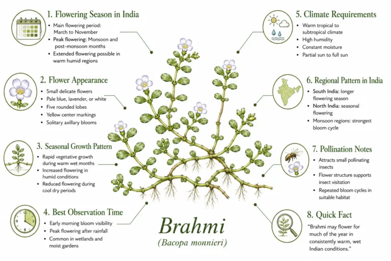 Brahmi flowering season in India infographic showing Bacopa monnieri bloom period, flower appearance, growing conditions, and regional flowering patterns