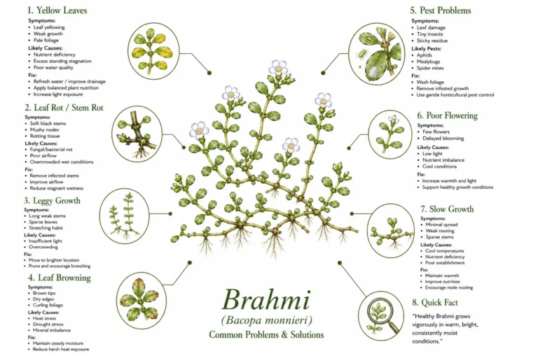 Botanical infographic showing common Brahmi plant (Bacopa monnieri) problems including yellow leaves, stem rot, pests, poor flowering, slow growth, symptoms, causes, and fixes