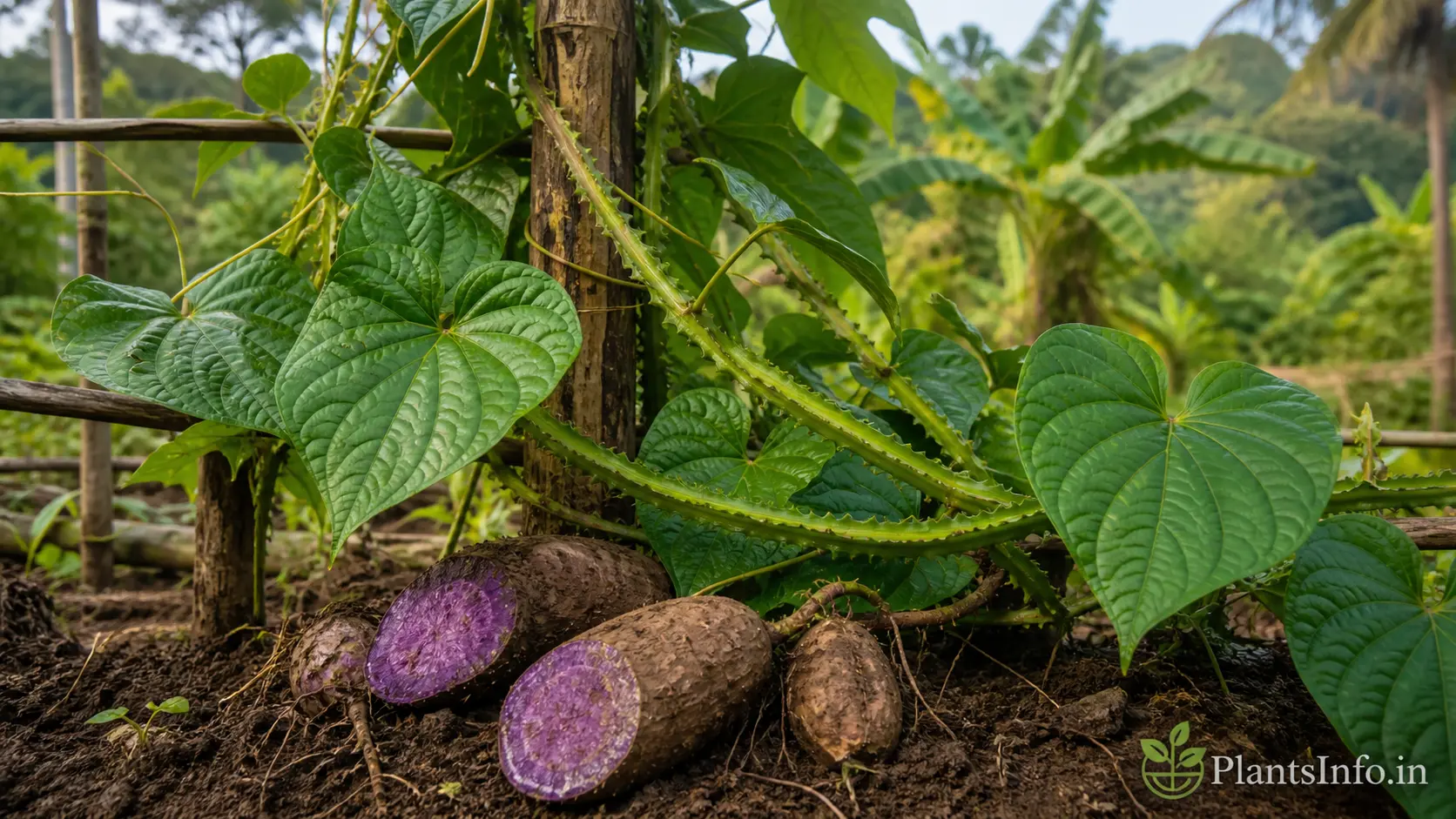 Ultra-realistic photograph of Dioscorea alata (purple yam vine) climbing a wooden trellis in a tropical farm, with glossy heart-shaped leaves, winged stems, and partially exposed tubers showing vivid purple flesh in natural soil.