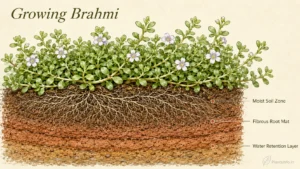 Growing Brahmi (Bacopa monnieri) plant care guide showing shallow fibrous roots, moist soil layers, and healthy creeping growth in an Indian garden botanical illustration