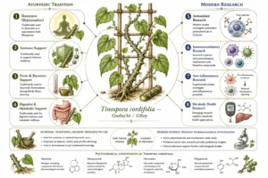 Guduchi benefits infographic comparing traditional Ayurvedic uses of Tinospora cordifolia with modern scientific research on antioxidant, immune, anti-inflammatory, and metabolic health applications.