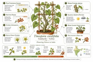 Guduchi flowering season infographic showing when Tinospora cordifolia flowers and fruits in India, including flowering period, dioecious flowers, pollination, seasonal growth, and home garden expectations.