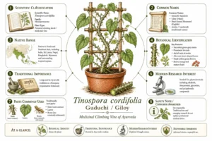 Guduchi (Giloy) infographic showing key facts about Tinospora cordifolia including scientific classification, common names, native range, botanical identification, traditional Ayurvedic use, research interest, plant parts used, and safety awareness.