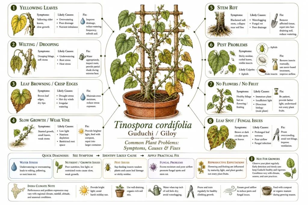 Guduchi plant problems infographic showing common Tinospora cordifolia issues including yellow leaves, wilting, stem rot, pests, fungal spots, poor growth, and troubleshooting fixes for home growers.