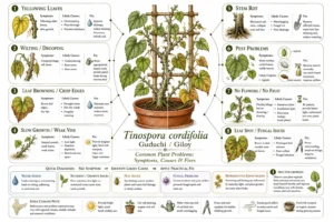 Guduchi plant problems infographic showing common Tinospora cordifolia issues including yellow leaves, wilting, stem rot, pests, fungal spots, poor growth, and troubleshooting fixes for home growers.