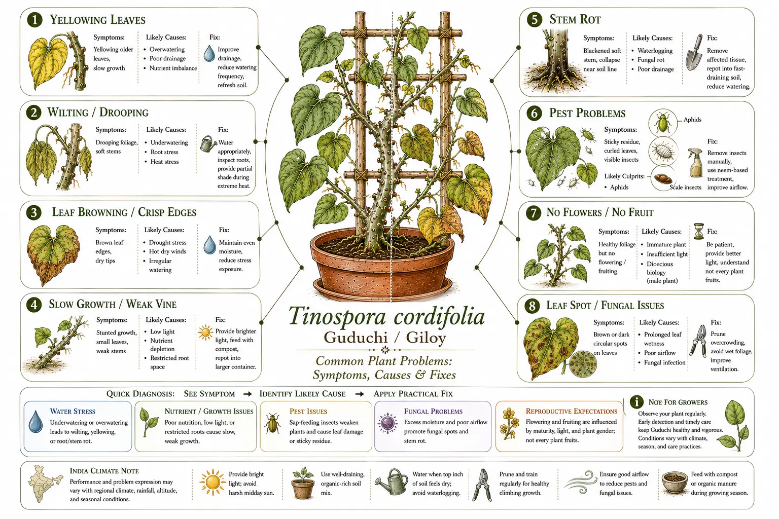 Guduchi plant problems infographic showing common Tinospora cordifolia issues including yellow leaves, wilting, stem rot, pests, fungal spots, poor growth, and troubleshooting fixes for home growers.