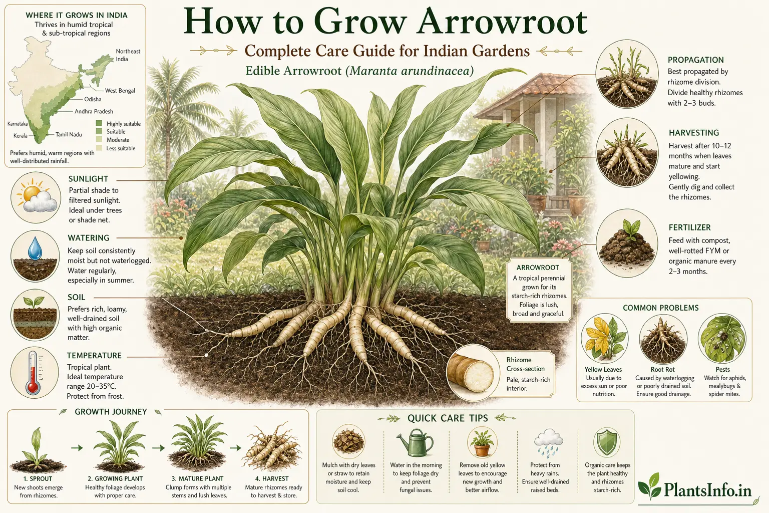 Botanical infographic of edible Arrowroot (Maranta arundinacea) showing complete growing guide for Indian gardens, including rhizomes, care tips, propagation, harvesting, soil, watering, and tropical cultivation zones.