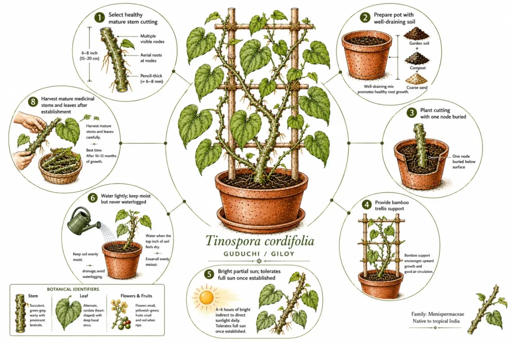 How to grow Guduchi (Giloy) at home infographic showing Tinospora cordifolia propagation from stem cutting, potting soil mix, planting, trellis support, sunlight, watering, pruning, and harvesting medicinal stems.