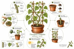 How to grow Guduchi (Giloy) at home infographic showing Tinospora cordifolia propagation from stem cutting, potting soil mix, planting, trellis support, sunlight, watering, pruning, and harvesting medicinal stems.