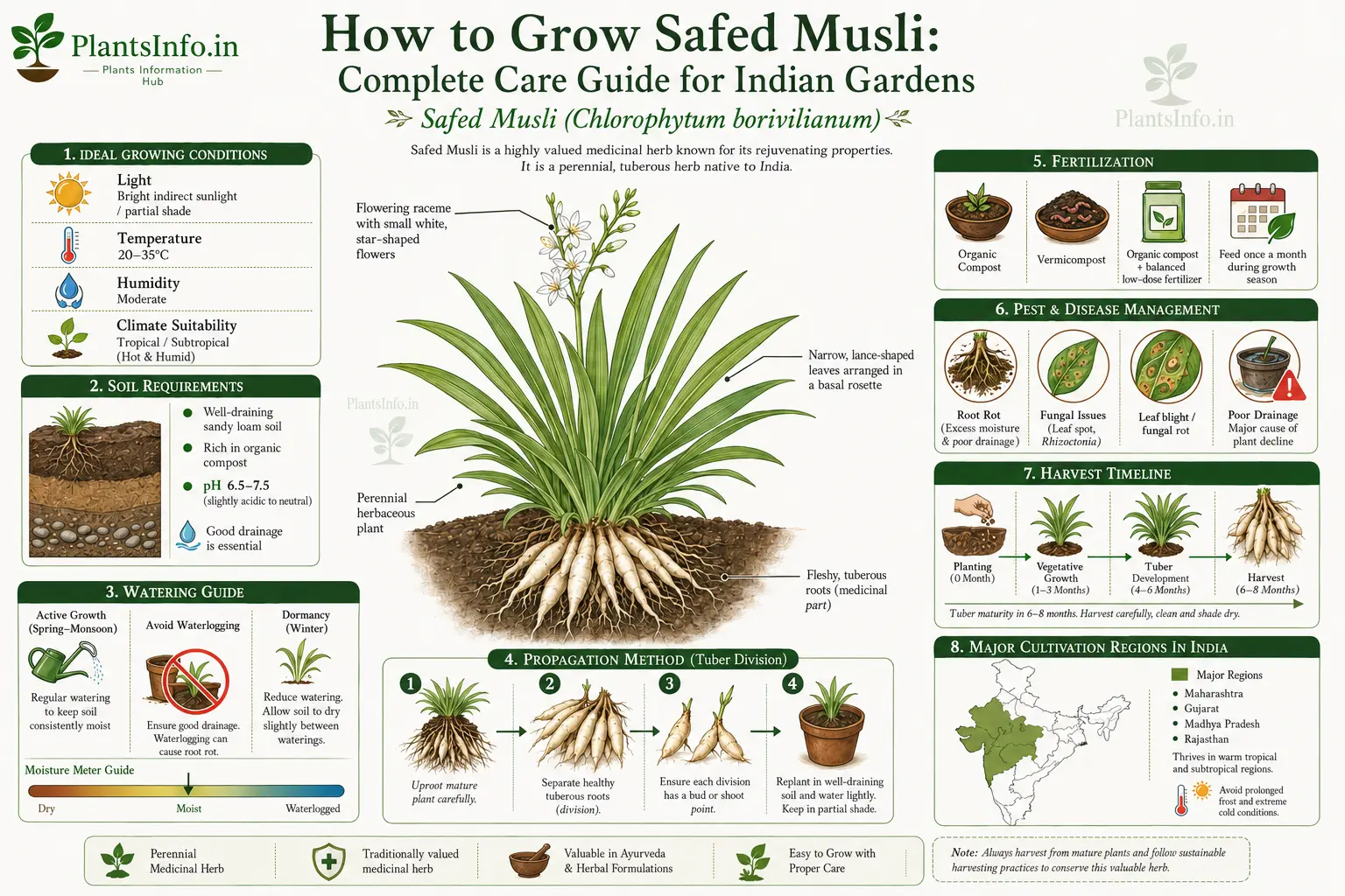 Botanical infographic on how to grow Safed Musli (Chlorophytum borivilianum) in Indian gardens, showing plant care, soil, watering, propagation, pests, harvest timeline, and cultivation regions.