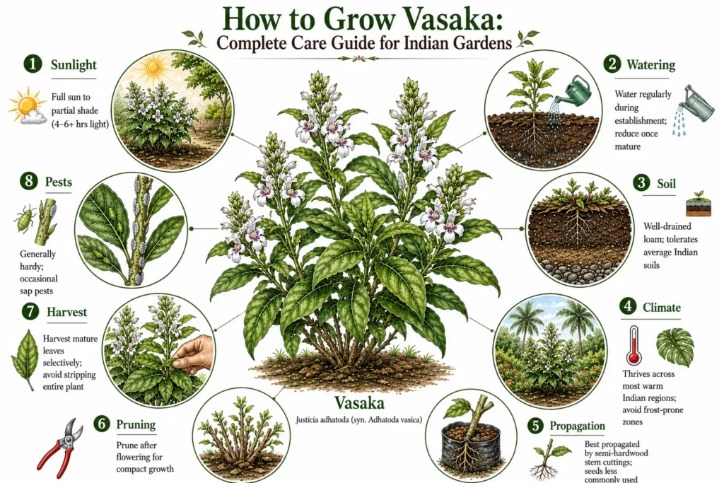 Vasaka plant care infographic showing how to grow Justicia adhatoda in Indian gardens with sunlight, watering, soil, climate, propagation, pruning, harvesting, and pest care guidance.