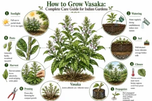Vasaka plant care infographic showing how to grow Justicia adhatoda in Indian gardens with sunlight, watering, soil, climate, propagation, pruning, harvesting, and pest care guidance.
