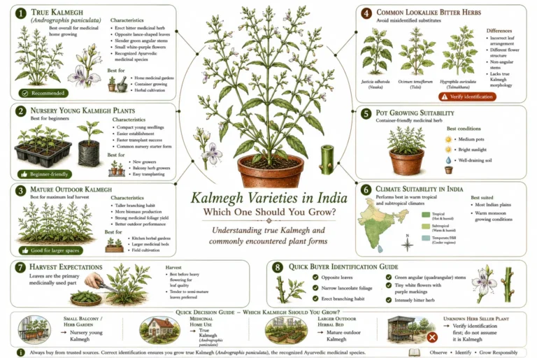 Scientific botanical comparison infographic showing Kalmegh (Andrographis paniculata) plant forms in India, including true Kalmegh, nursery seedlings, mature outdoor plants, and lookalike bitter herbs, with identification features, growing suitability, harvest guidance, and buyer verification checklist.