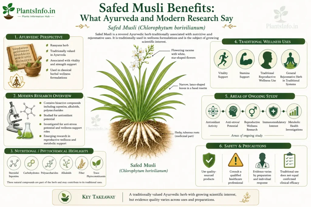 Educational infographic on Safed Musli benefits, traditional Ayurvedic uses, phytochemicals, modern research, and safety precautions for Chlorophytum borivilianum.