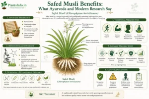 Educational infographic on Safed Musli benefits, traditional Ayurvedic uses, phytochemicals, modern research, and safety precautions for Chlorophytum borivilianum.